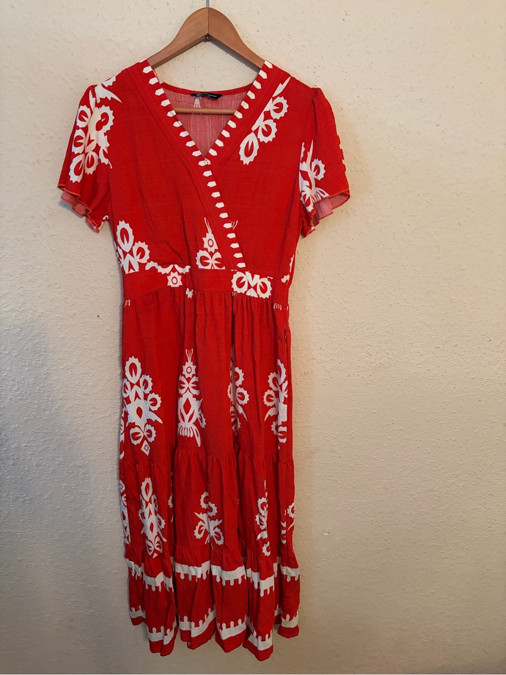 Red Floral Wrap Maxi Dress with White Motifs